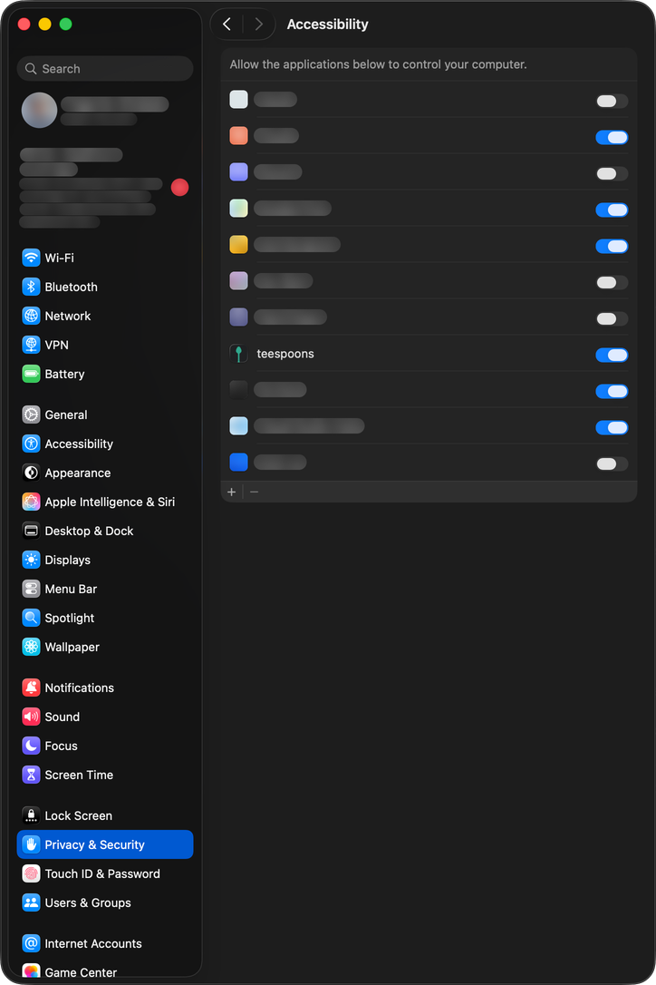 System Settings › Privacy & Security › Accessibility, with teespoons switched on in the list